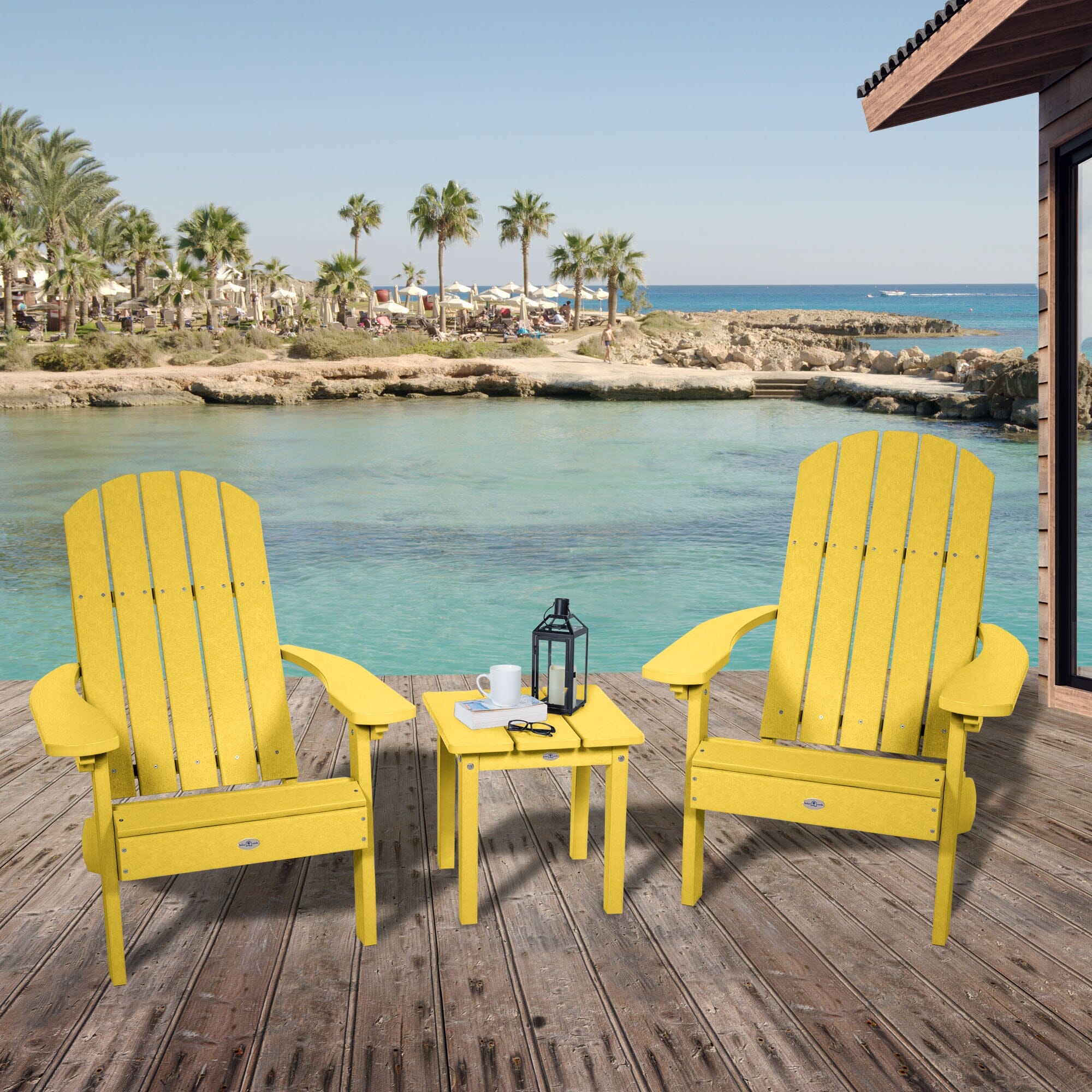 Two Cape Folding Adirondack Chairs & Side Table