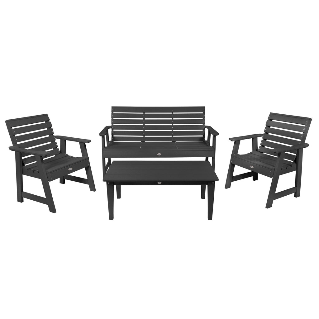 5ft Riverside bench set with conversation table and two chairs in Black Sand