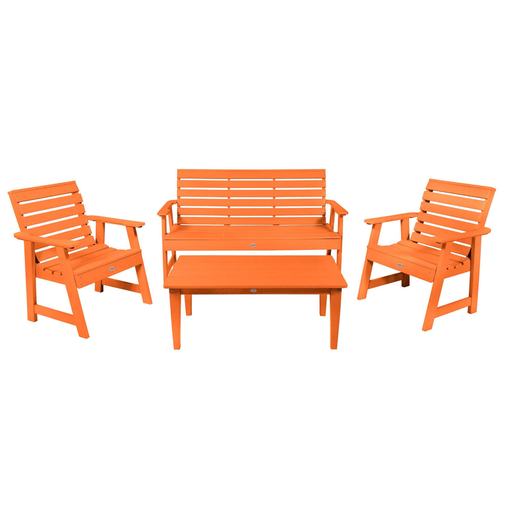 5ft Riverside bench set with conversation table and two chairs in Citrus Orange