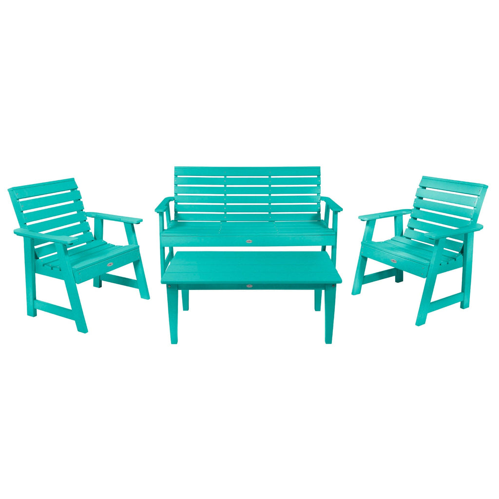 5ft Riverside bench set with conversation table and two chairs in Seaglass Blue