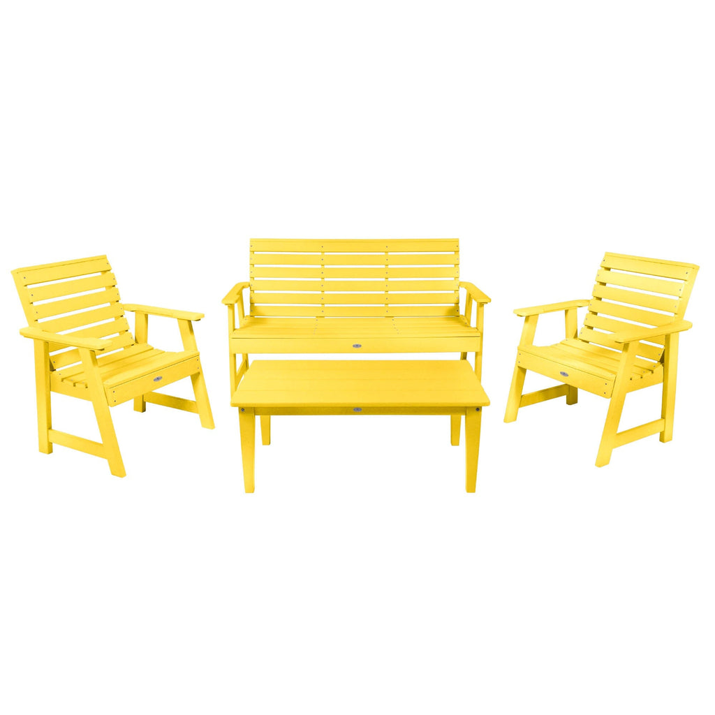 5ft Riverside bench set with conversation table and two chairs in Sunbeam Yellow