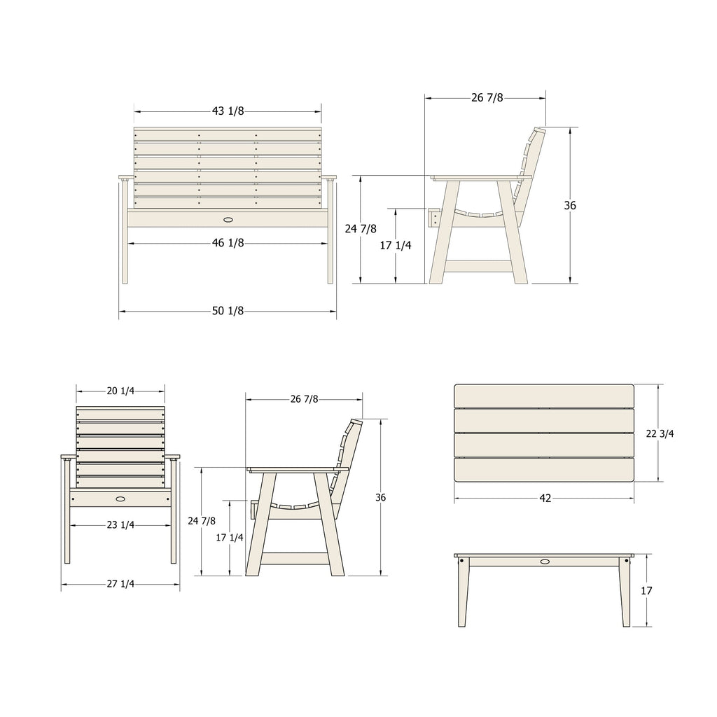 Dimension diagram for 4ft Riverside bench set with conversation table and two chairs