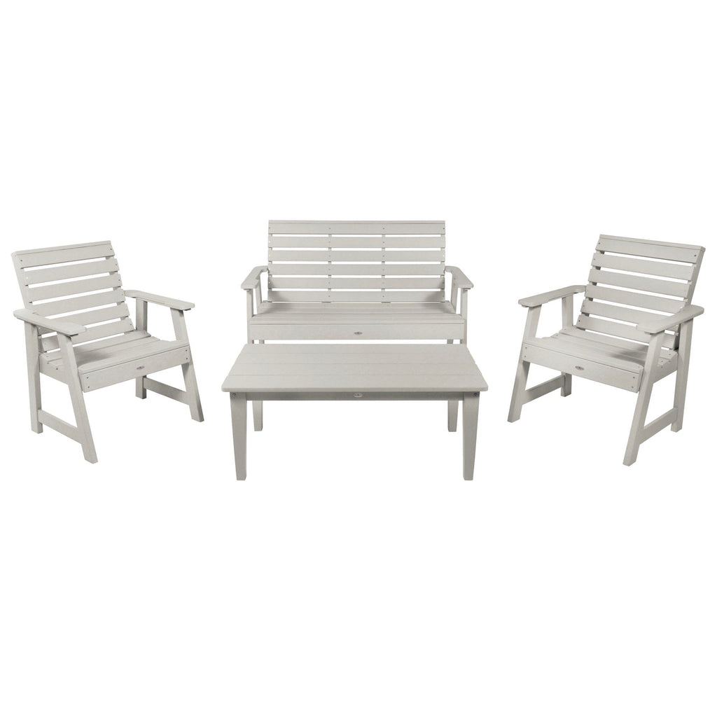 4ft Riverside bench set with conversation table and two chairs in Cove Gray