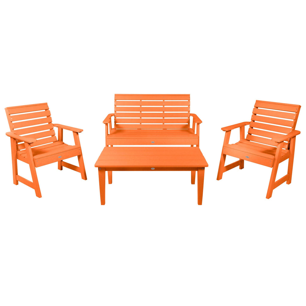 4ft Riverside bench set with conversation table and two chairs in Citrus Orange