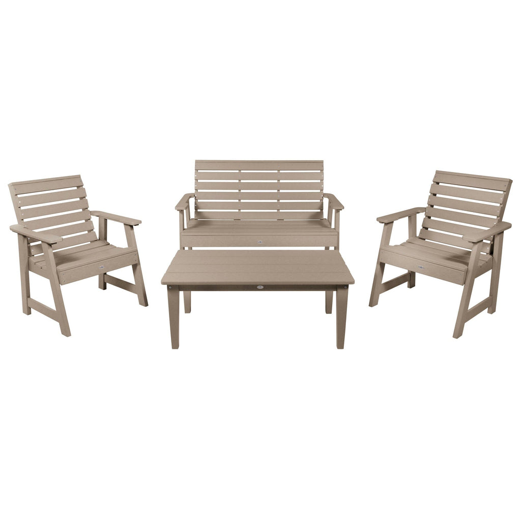4ft Riverside bench set with conversation table and two chairs in Cabana Tan