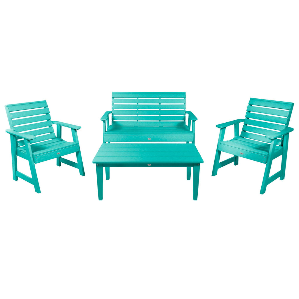 4ft Riverside bench set with conversation table and two chairs in Seaglass Blue