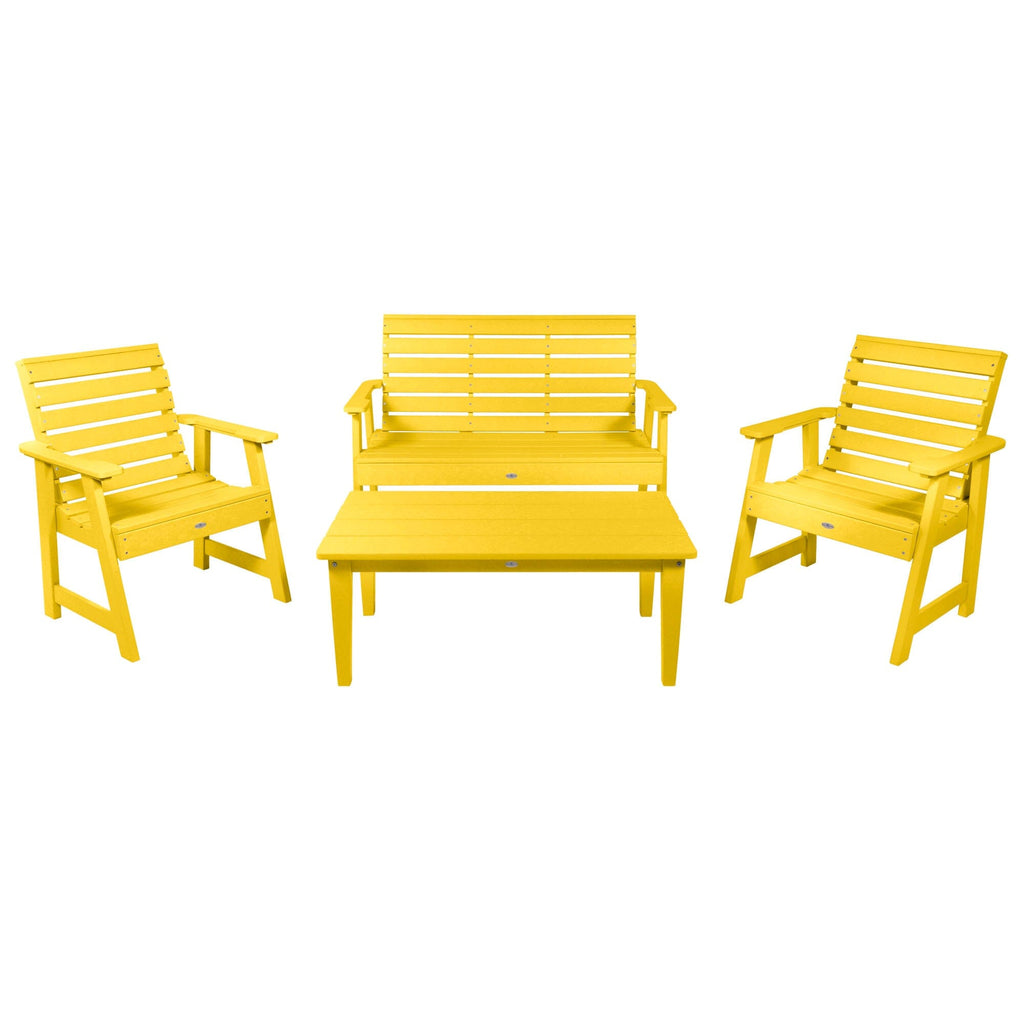 4ft Riverside bench set with conversation table and two chairs in Sunbeam Yellow