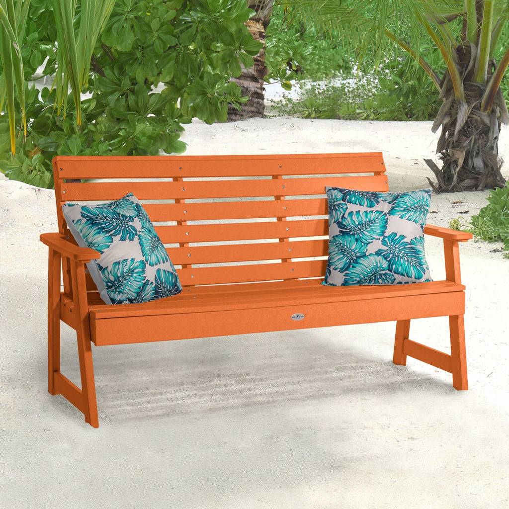 Citrus Orange Riverside Garden bench on beach with pillows 