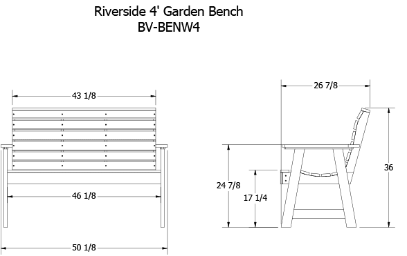 4ft Riverside Garden bench dimension diagram