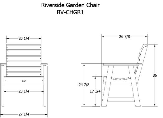 Riverside Garden chair dimensions drawing. 
