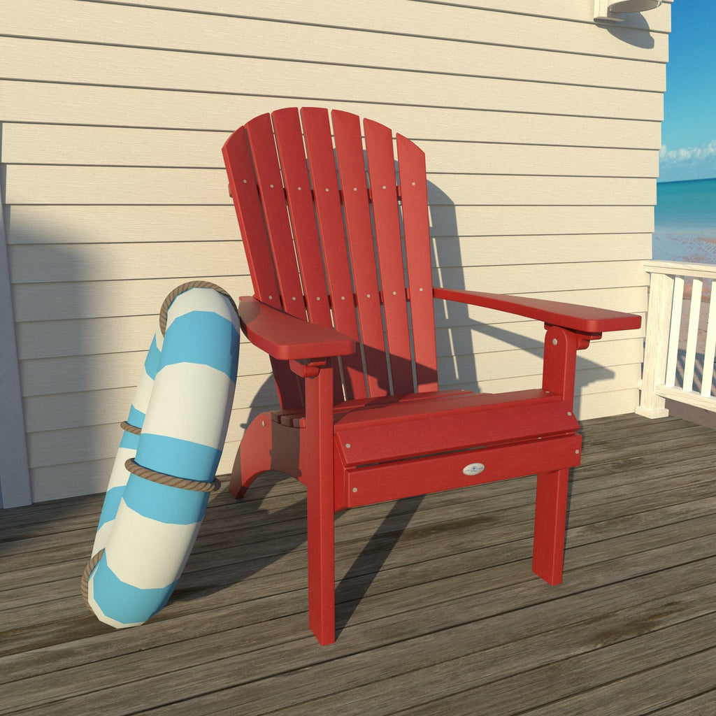 Red Waterfall comfort height Adirondack chair on a deck with a life ring