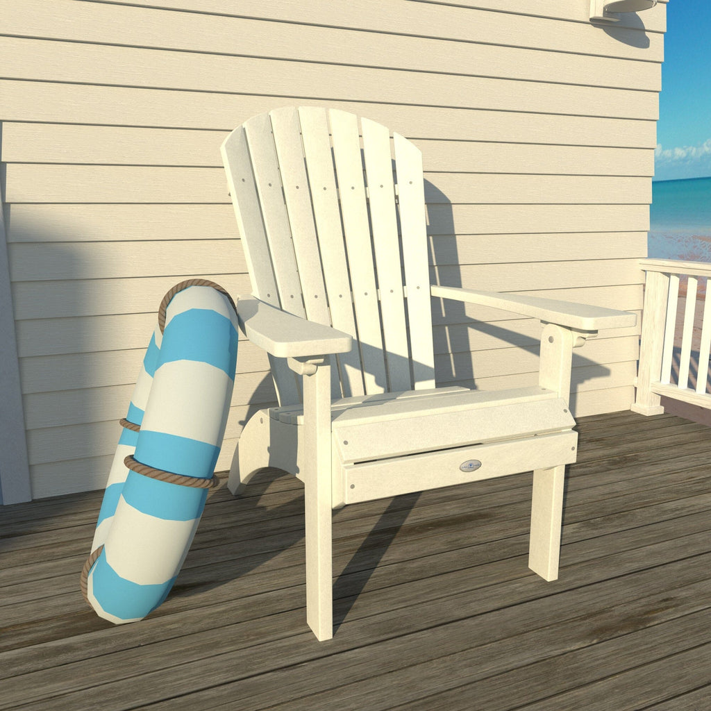 White Waterfall comfort height Adirondack chair on a deck with a life ring