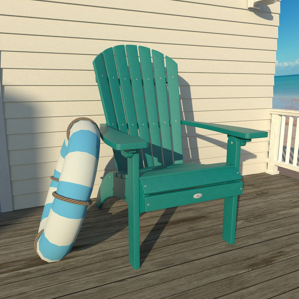 Blue Waterfall comfort height Adirondack chair on a deck with a life ring