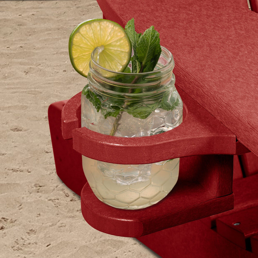 Red Adirondack chair and add-on cupholder with lemonade  