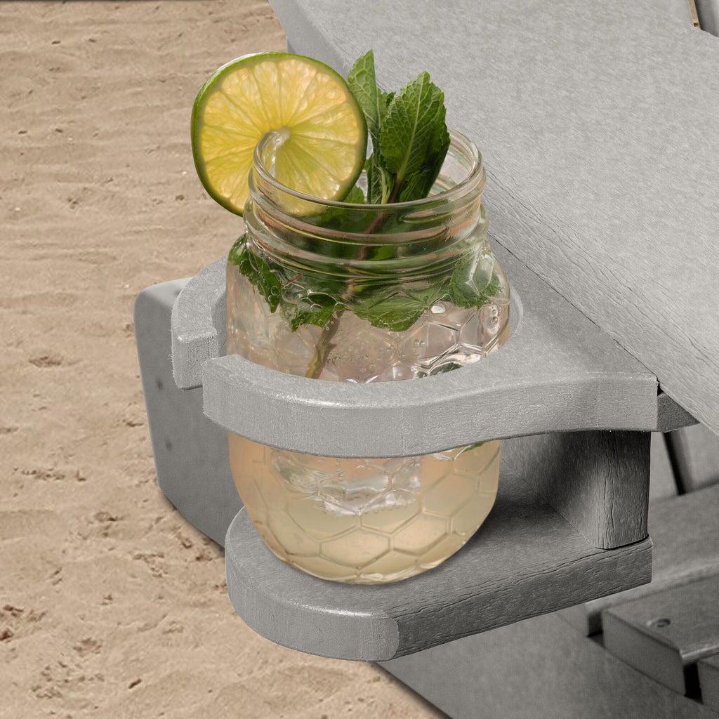 Gray Adirondack chair and add-on cupholder with lemonade  