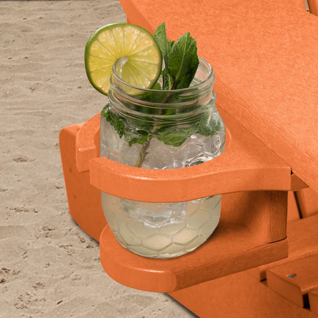 Orange Adirondack chair and add-on cupholder with lemonade  
