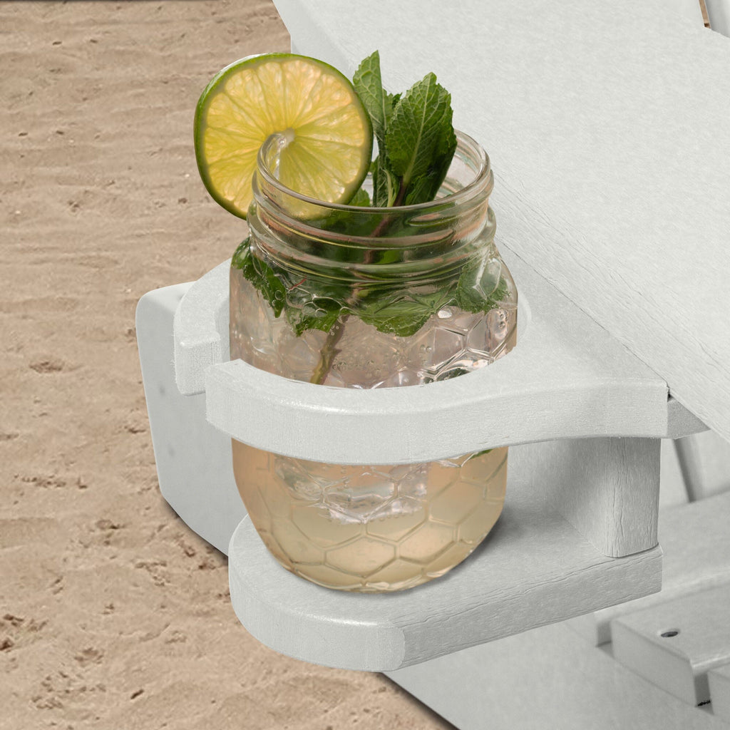 White Adirondack chair and add-on cupholder with lemonade  