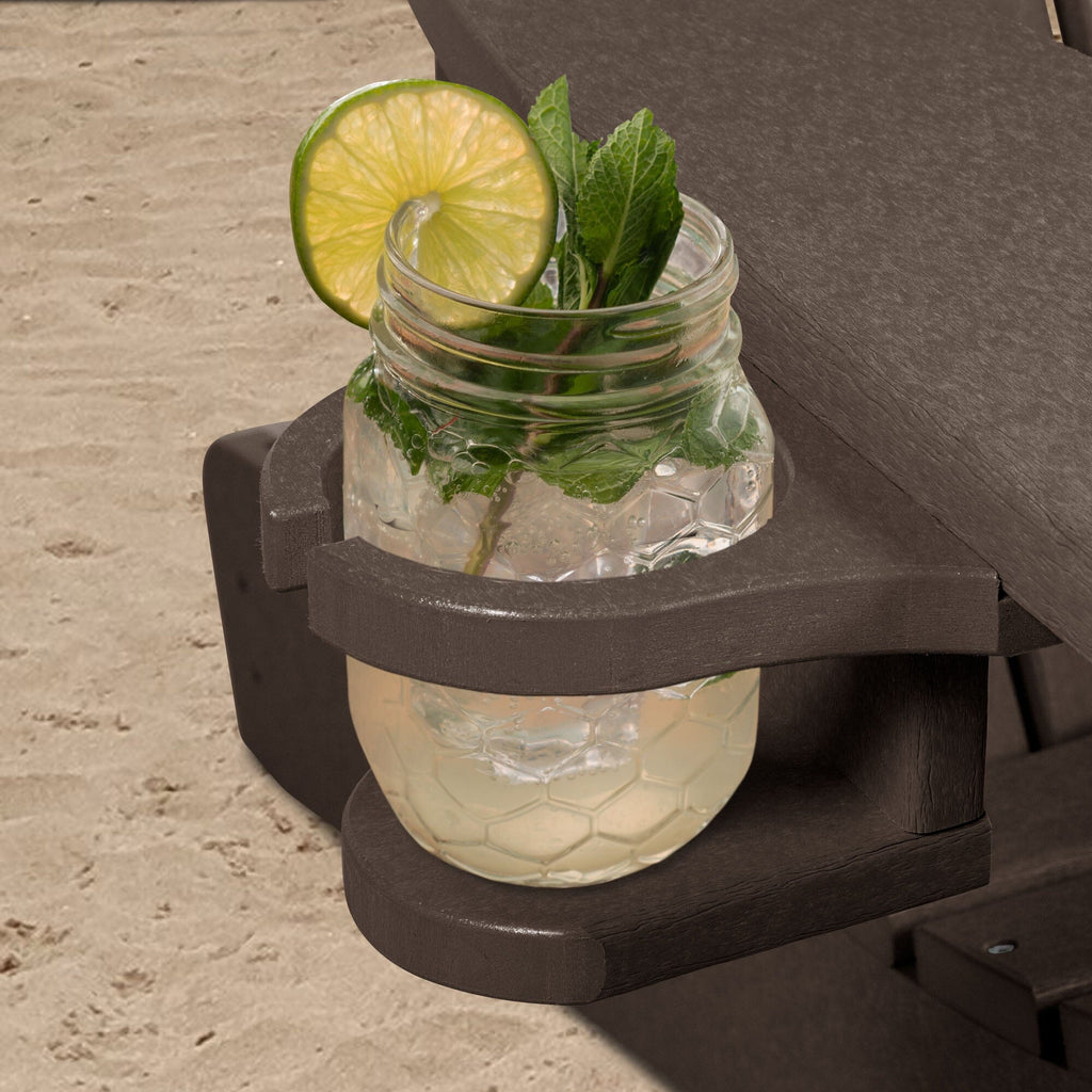 Brown Adirondack chair and add-on cupholder with lemonade  