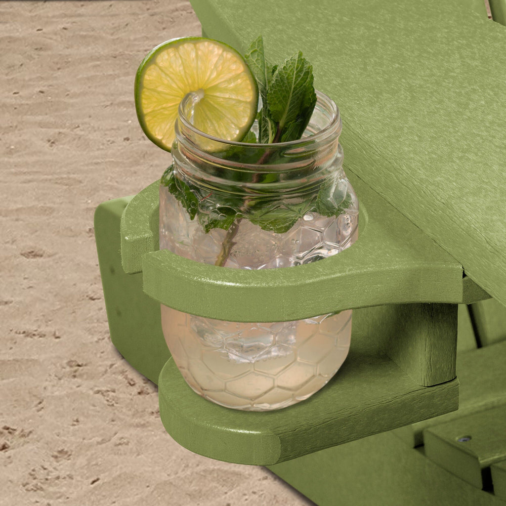 Green Adirondack chair and add-on cupholder with lemonade  