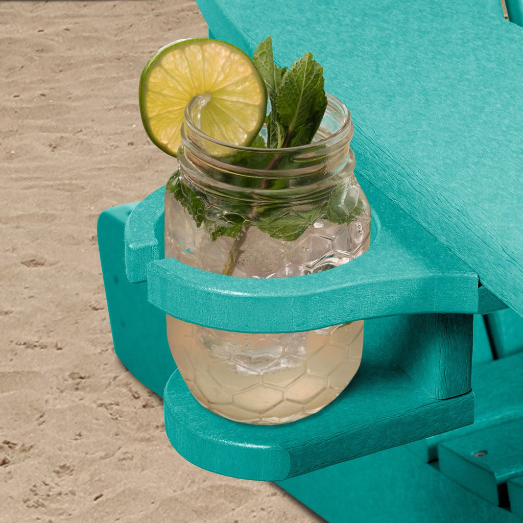 Blue Adirondack chair and add-on cupholder with lemonade  