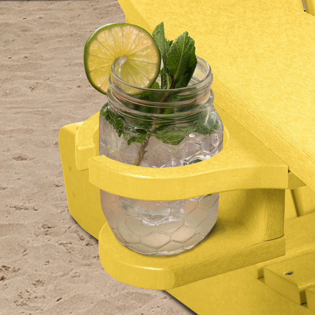 Yellow Adirondack chair and add-on cupholder with lemonade  