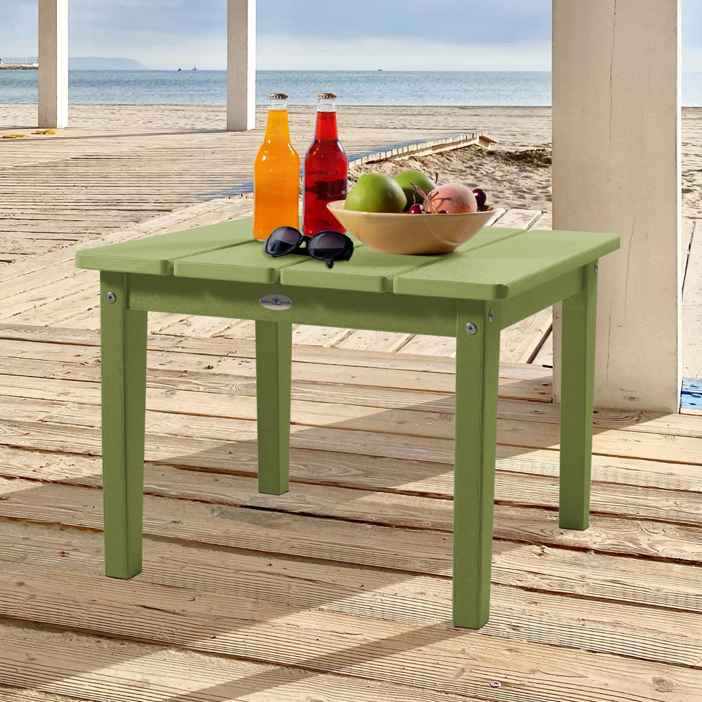 Large green Adirondack side table with drinks, fruit, and sunglasses
