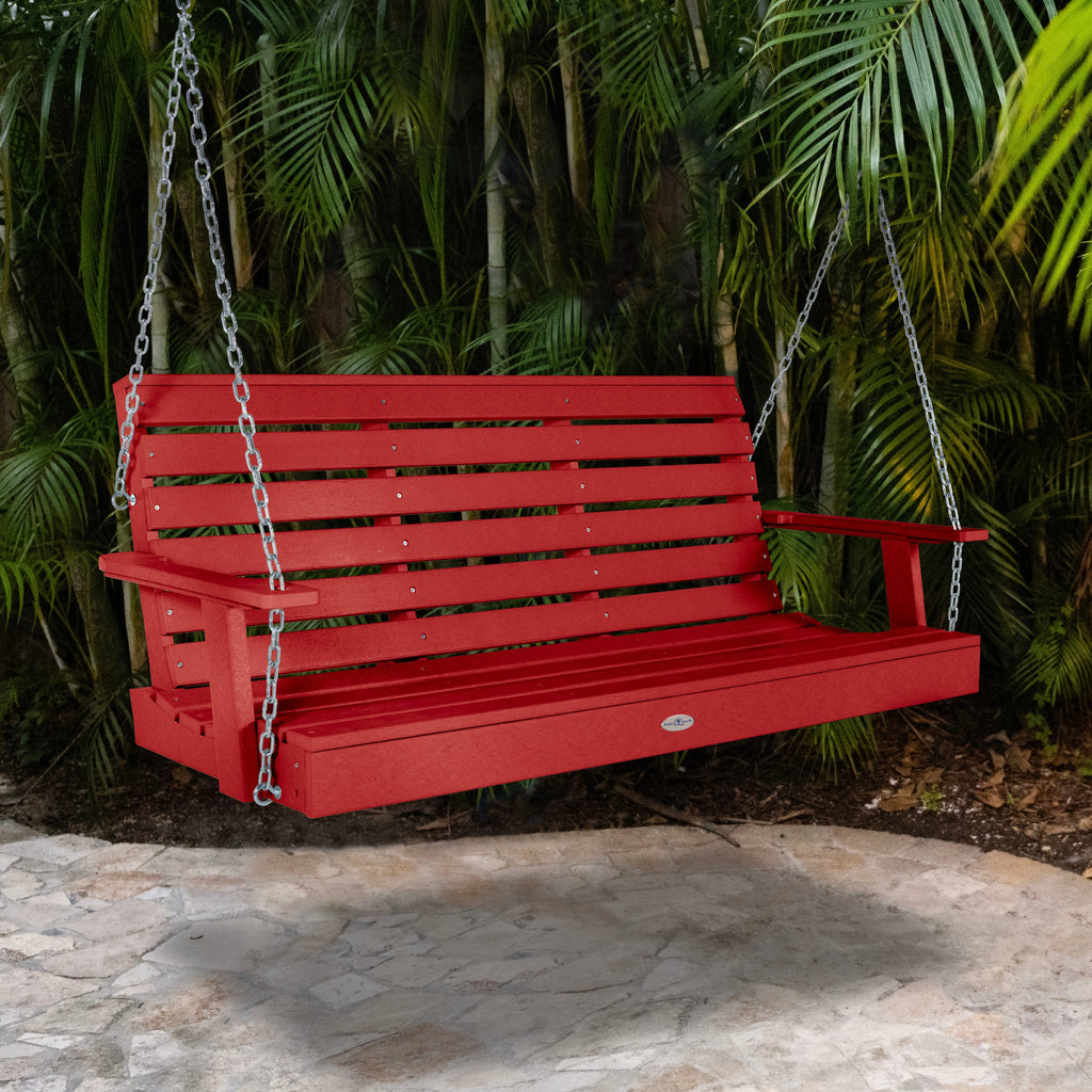 Boathouse Red Porch swing with palm background