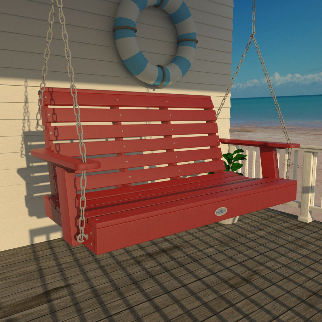 4ft red porch swing on deck with life preserver 