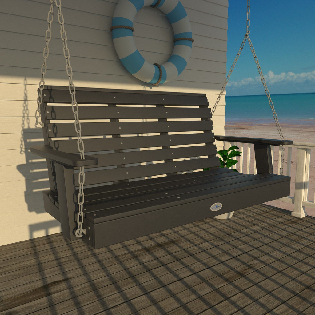 4ft black porch swing on deck with life preserver 