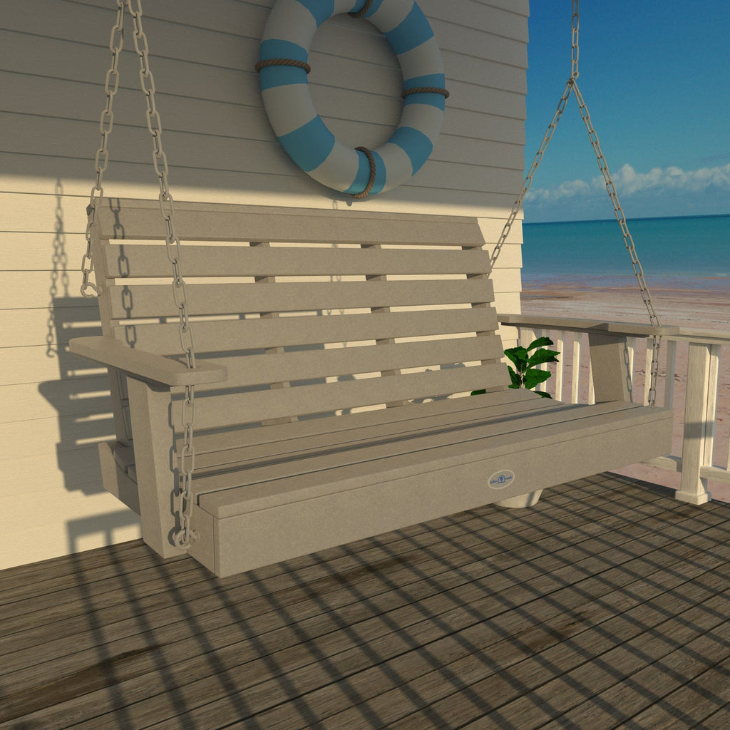 4ft gray porch swing on deck with life preserver 