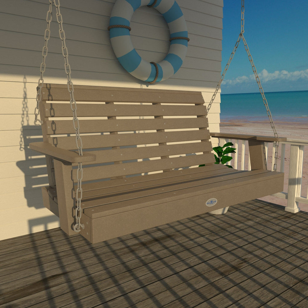 4ft tan porch swing on deck with life preserver 