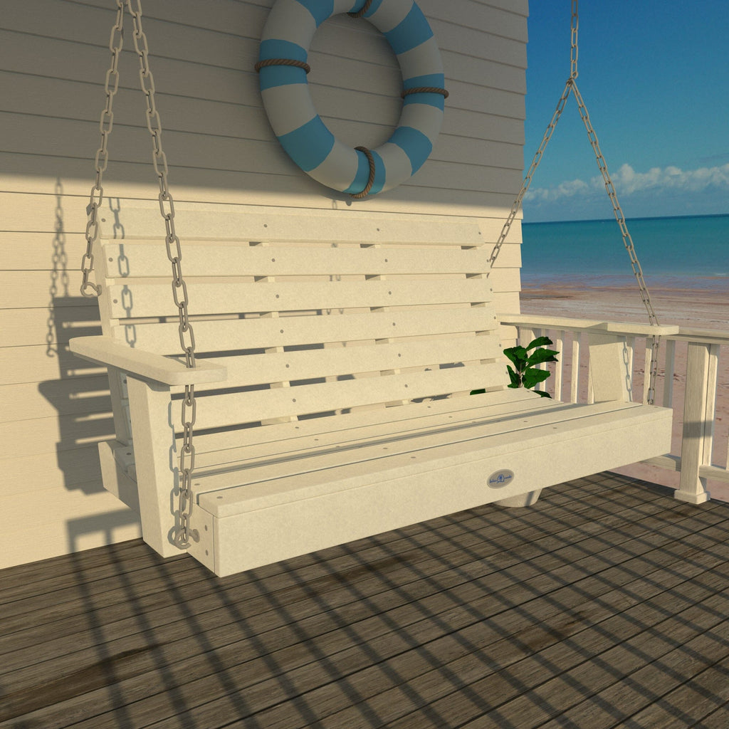 4ft white porch swing on deck with life preserver 