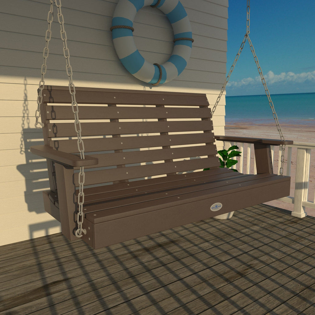 4ft brown porch swing on deck with life preserver 
