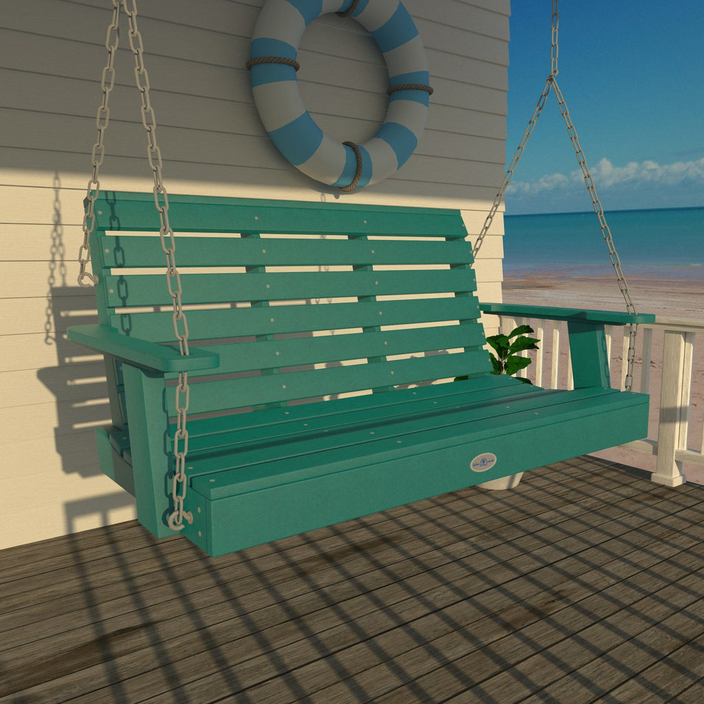 4ft blue porch swing on deck with life preserver 
