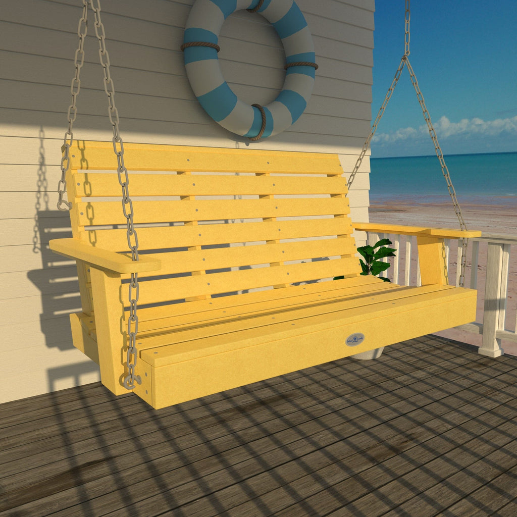 4ft yellow porch swing on deck with life preserver 